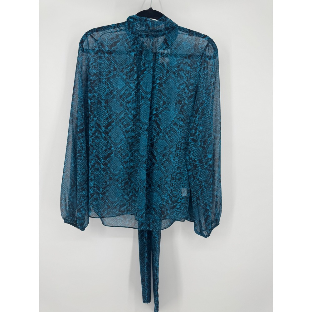 Misa Los‎ Angeles Lulu Puff Sleeve Snakeskin Print Sheer Top Teal Medium